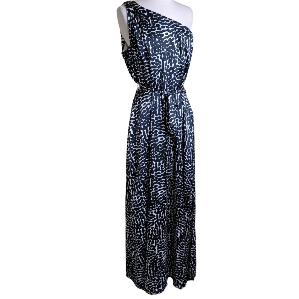 Tahari ASL Black & White One Shoulder Abstract Women's Maxi Dress | Size 14